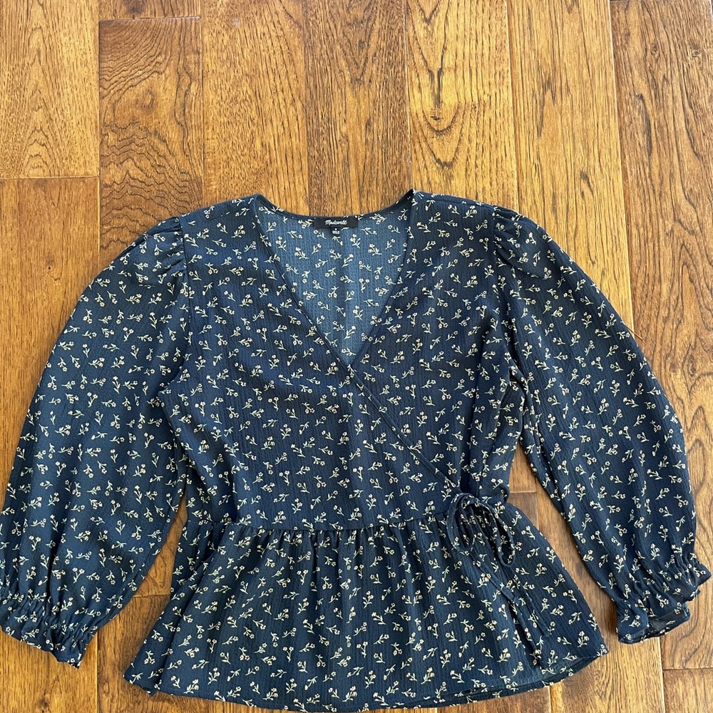 Madewell Floral Navy Wrap Top, Size Medium